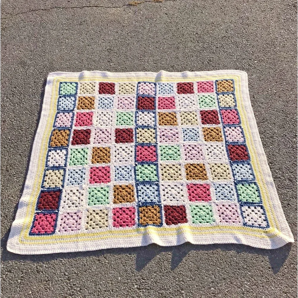 Vintage Granny Square Crochet Knit Afghan Throw Blanket Multicolor Border 4x4 ft - Picture 3 of 11